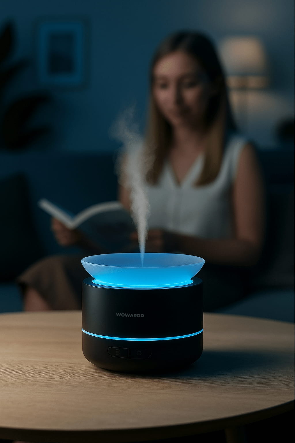Mujer disfrutando de un difusor CloudMist Pro encendido en un ambiente acogedor