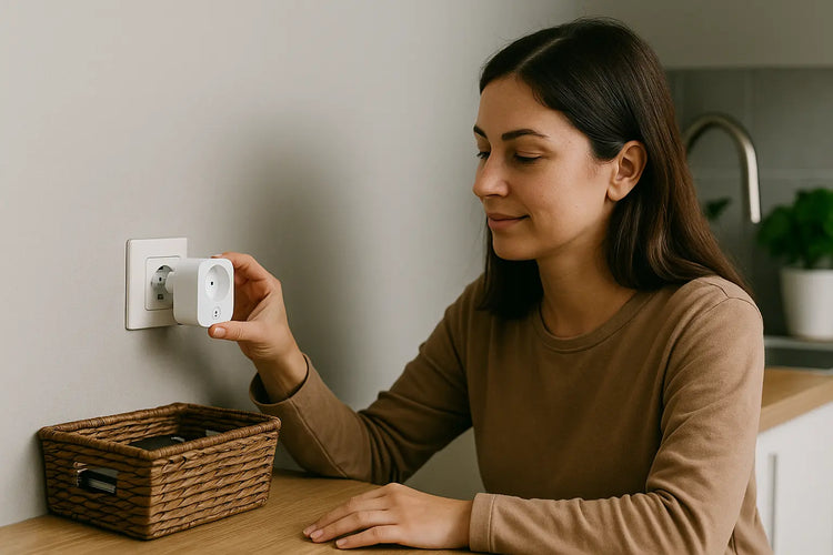 Persona usando enchufe inteligente en cocina