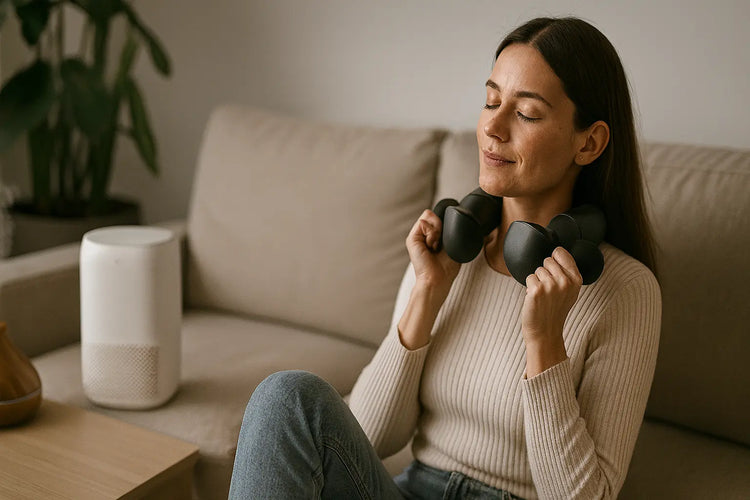 Persona usando masajeador compacto en sofá