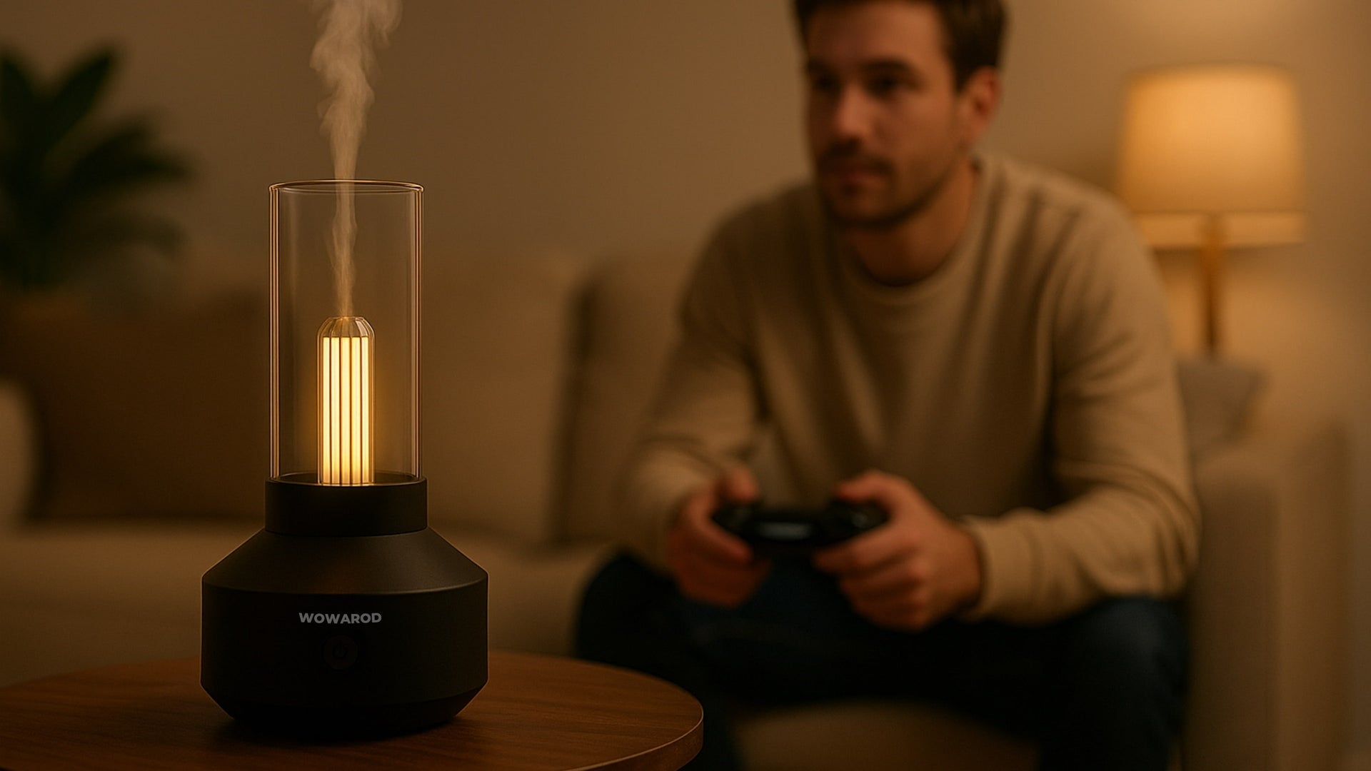 LUMIO | Humidificador retro con luz ambiental cálida en salón – Retro humidifier with warm ambient light in living room
