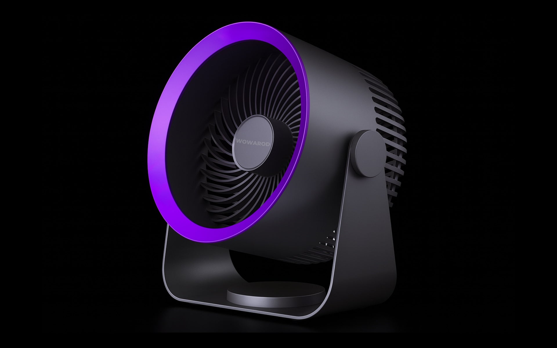 Ventilador silencioso Breeze Pro en gris  con aro  morado y fondo negro – Silent Breeze Pro fan in gray with purple ring on black  background 