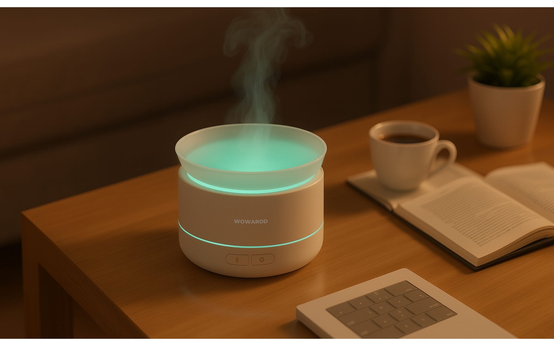 Difusor de niebla CLOUDMIST PRO blanco sobre escritorio con luz turquesa | CLOUDMIST PRO white mist diffuser on desk with turquoise light