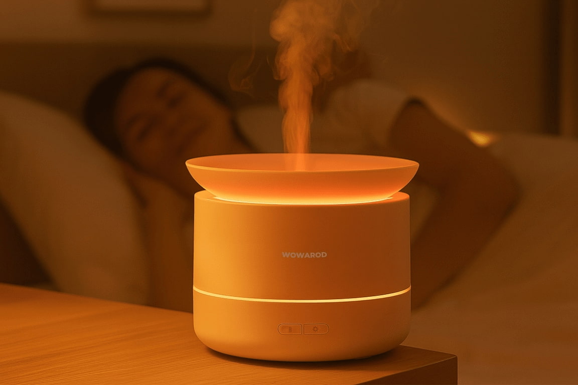 Difusor de niebla CloudMist Pro con iluminación ambiental en un espacio cálido y acogedor
