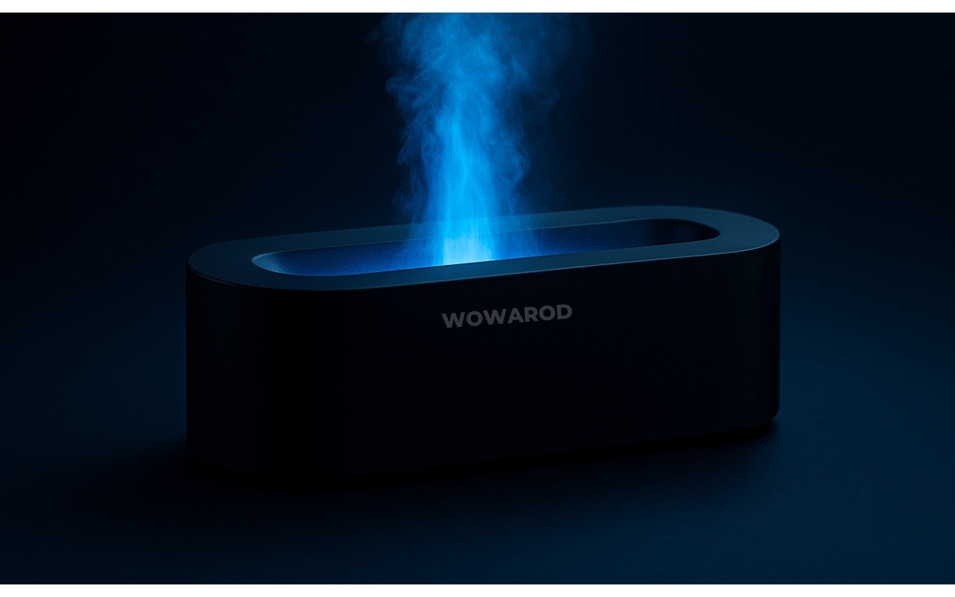FYRA difusor negro con efecto llama azul sobre fondo oscuro | FYRA black diffuser with blue flame effect on dark background