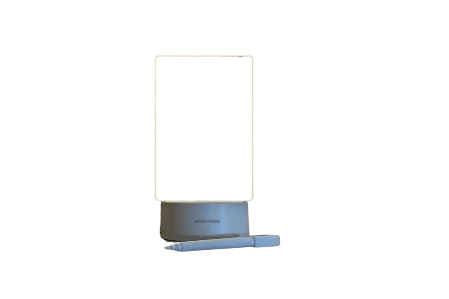 Diagrama de medidas de LUMINA: 18 × 13 × 5 cm, panel acrílico y base con alimentación USB