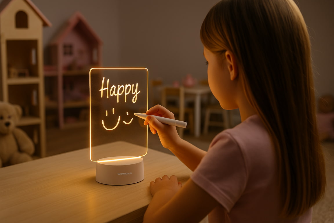 Niño utilizando la pizarra luminosa LUMINA para escribir un mensaje motivador